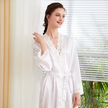 

Elegant White Bride Bridesmaid Wedding Robe Home Dress Sexy Lace Sleeve Female Kimono Gown Casual Rayon Bathrobe Nightwear