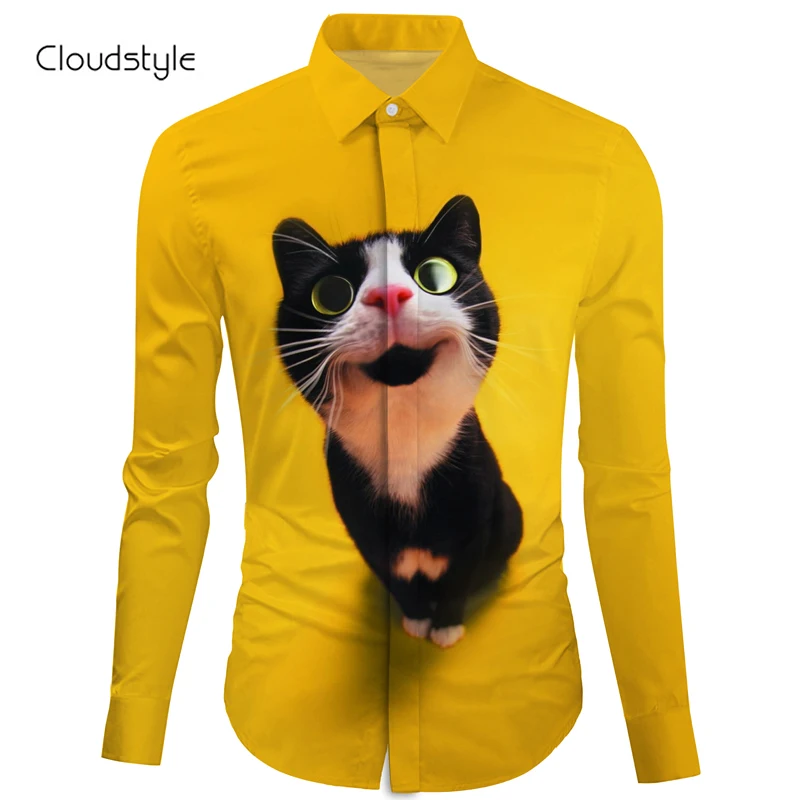 Cloudstyle, желтая футболка с длинным рукавом и изображением котенка, 3d мужские рубашки с длинным рукавом, Ou code, M-2XL, herren, hemd, модный дизайн, уличная одежда