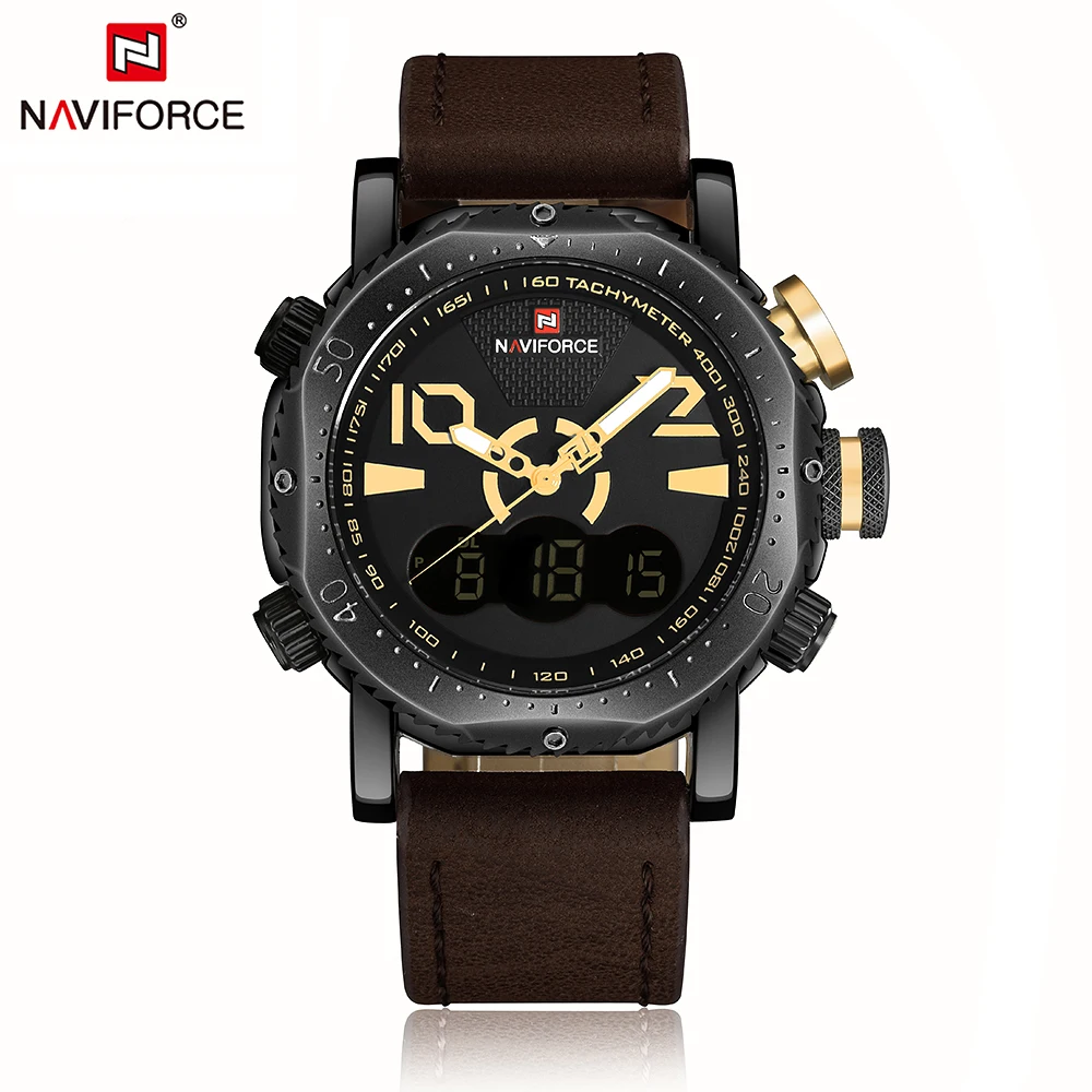 

New Man Watch NAVIFORCE Fashion Casual Sports Wristwatch Dual Time Analog-Digital Display WatchWaterproof PU Leather Strap
