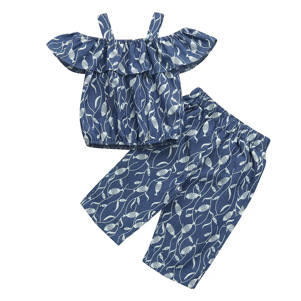 Girls Clothes Sets Summer Children's Two-piece set Cotton Kids Shoulder Short Sleeve Top+pants printing Set | Детская одежда и