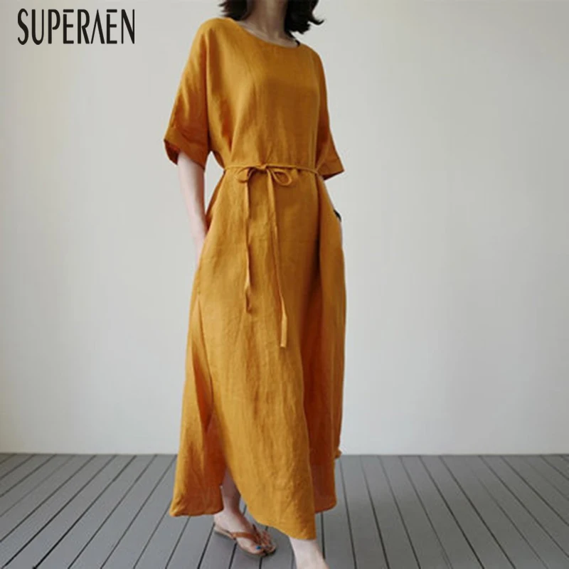 SuperAen Summer New Cotton and Linen Long Dress Female Loose Pluz Size Fashion Women Dress Solid Color Fashion Dresses