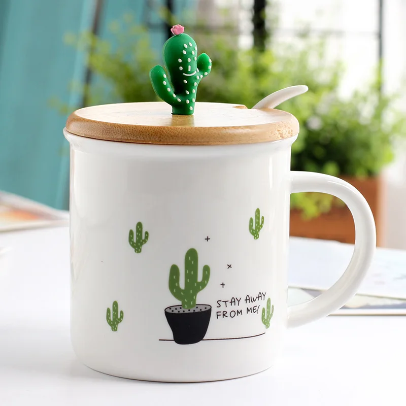 

350ml Cartoon Cactus Mug Creative Plant Coffee Cup Cactus Bamboo Cover Ceramic Spoon Cup Ceramic Milk Breakfast Cup