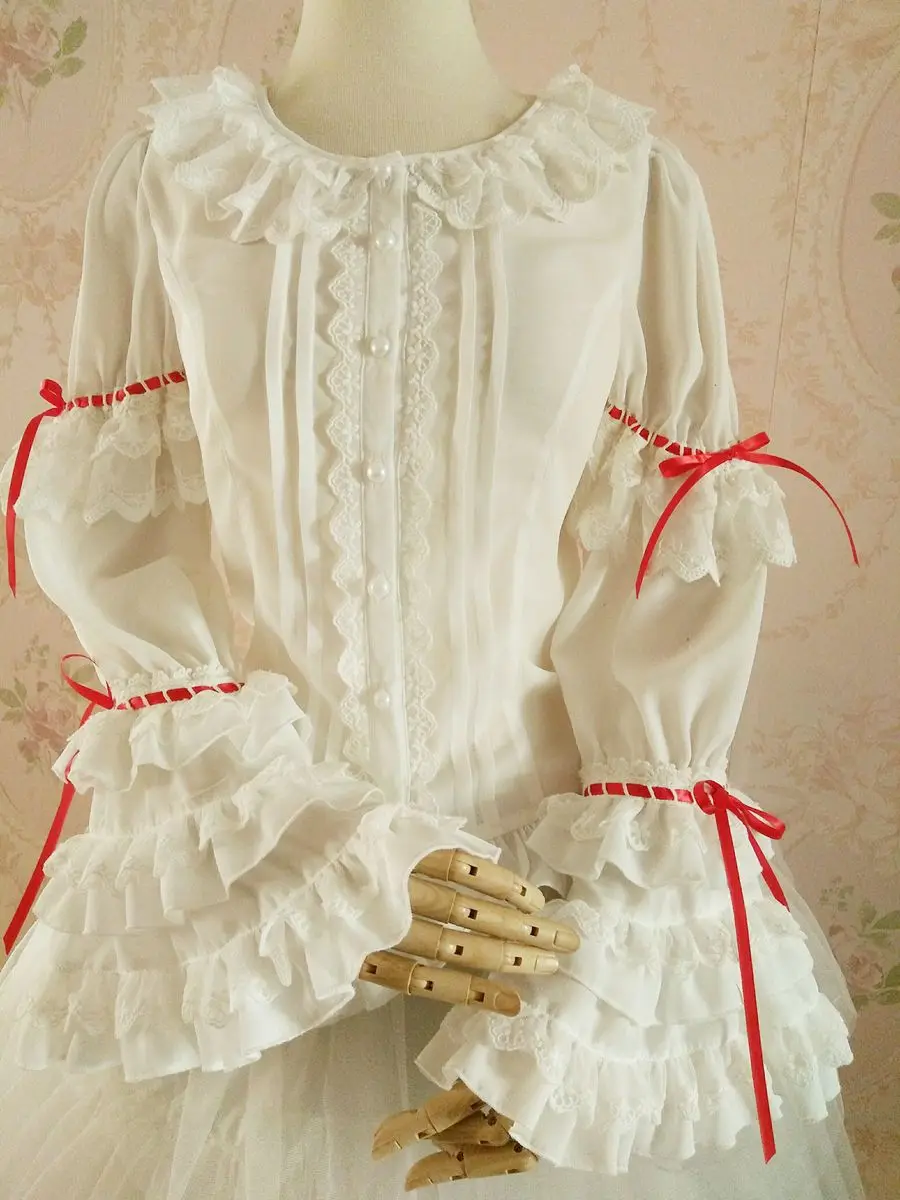 

100real white red bow sleeve lace binding lolita cosplay blouse/lolita lace embroidery ruffled flare sleeve /this is only blouse