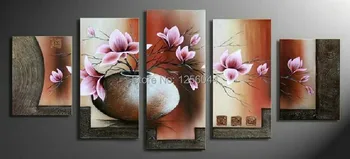 

100% Hand painted modern wall home decor canvas Magnolia oil painting landscape 5pieces abstract with framed