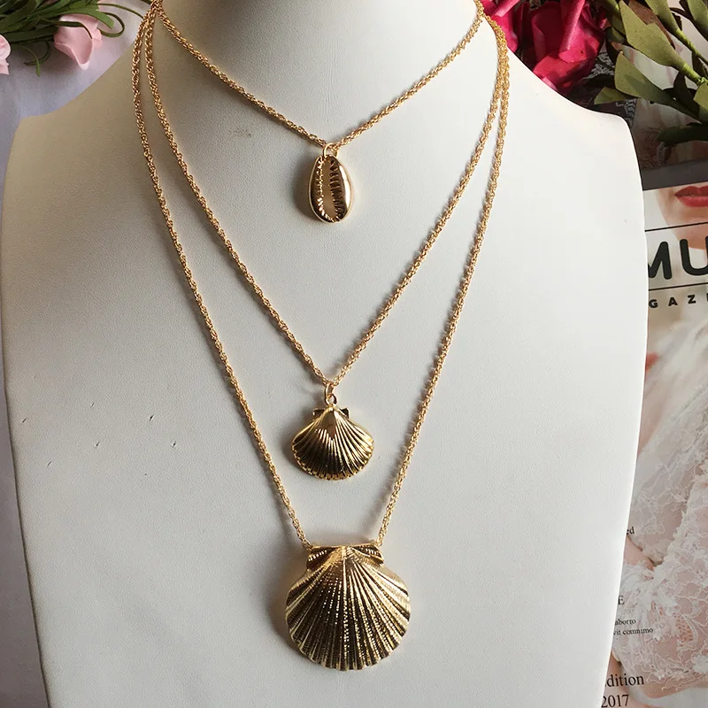 

Bohemian Multilayer Statement Shell Pendant Necklaces For Women Fashion Golden Charm Chains Necklace Jewelry Drop shipping