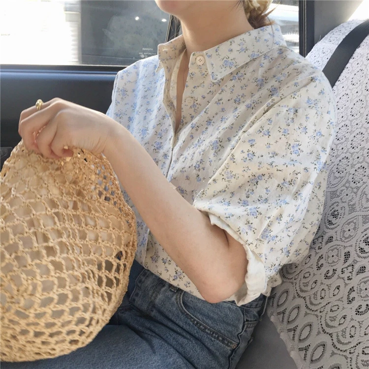 Chique Estrangeiro Fresco Pequeno Floral Single-breasted Puff Manga Camisa Blusa Feminina 2020 Verão