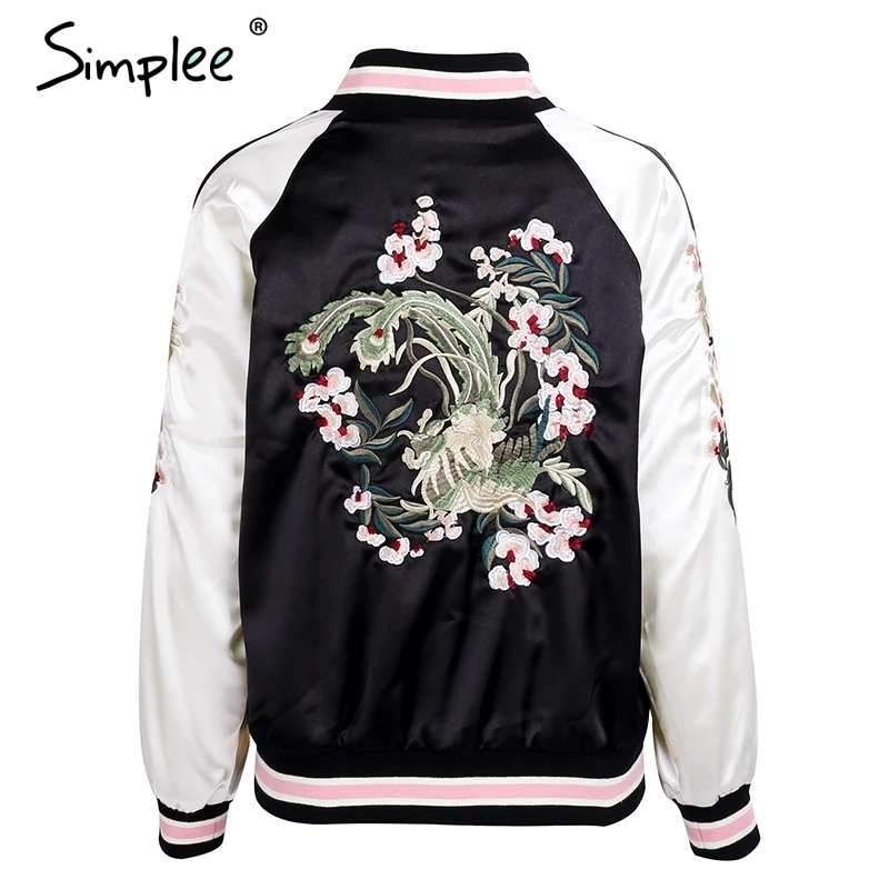 Simplee Reversible embroidery satin jacket coat sukajan Autumn winter 2017 flower basic jackets women Casual baseball jackets Simplee Reversible embroidery satin jacket coat sukajan Autumn winter 2017 flower basic jackets women Casual baseball jackets