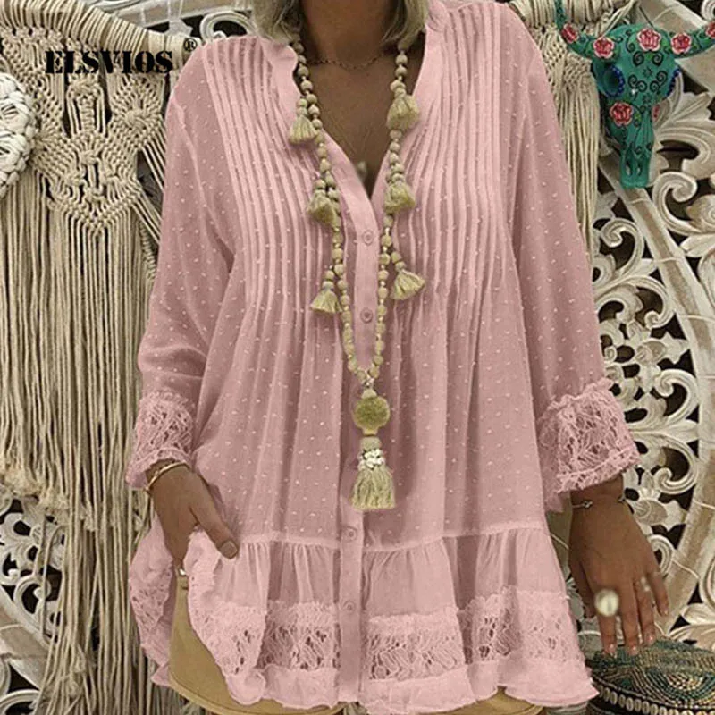 

WHOHOLL Plus Size Lace Polka Dot Chiffon Blouse Shirts Women Summer Solid Loose Vintage Tops Ladies Casual Plus Size Pullover