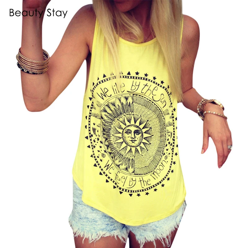 

BeautyStay Summer Sun and Moon Circle Printed Women Tank Tops Sexy Punk Rock Casual Camis Cotton Slim Female Vest Tee Shirts