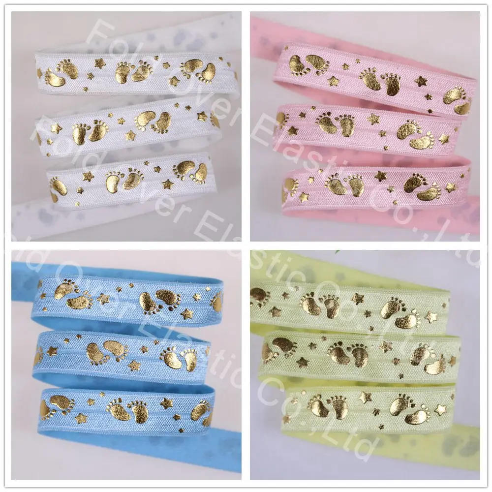 

5 colors gold foil baby footprint Printed foe elastic 5/8" fold over elastic 50 yards per lot
