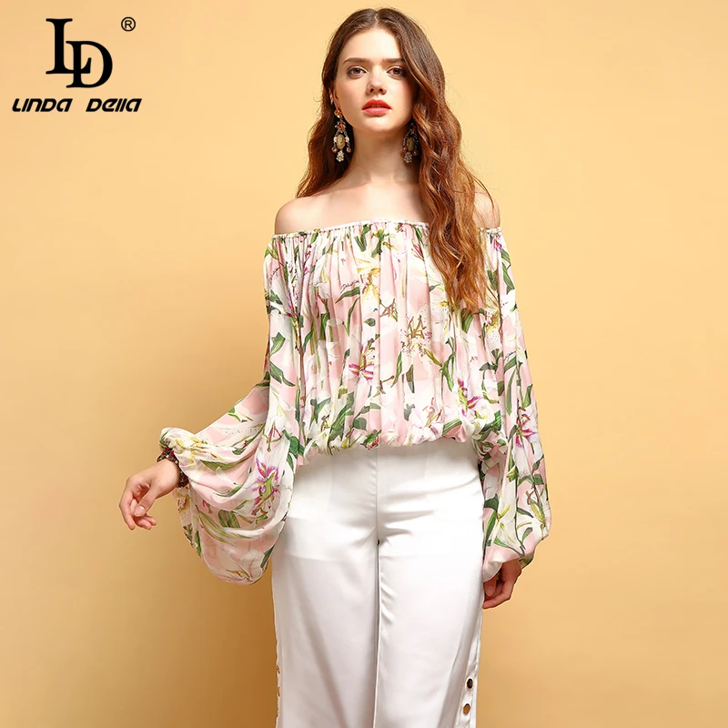 

LD LINDA DELLA New Fashion Summer Tops Women's lantern Sleeve Sexy Off shoulder Pleated Floral Printed Elegant Vintage T-shirt