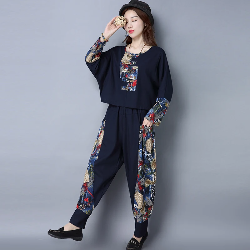 Leisure Plus Size Set 2pc Tops + Trousers for Women Florals Print Women's Tracksuit Femme Two