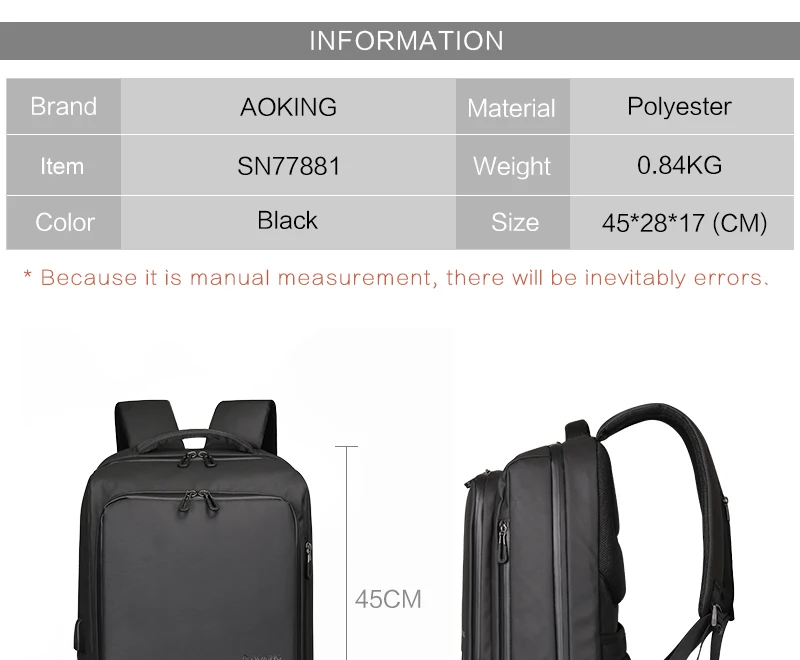 Aoking модный мужской рюкзак, простой usb зарядка, водостойкий 15,6 рюкзак для ноутбука, студенческий рюкзак для колледжа