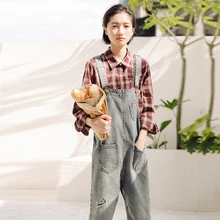 Женские джинсовые комбинезоны свободные джинсовые штаны в Корейском стиле до щиколотки в стиле Харадзюку однотонные женские комбинезоны