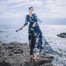 Прозрачное шифоновое женское длинное платье из двух частей с принтом журавля, богемное пляжное платье с цветочным рисунком, vestidos mujer Robe Femme, новинка