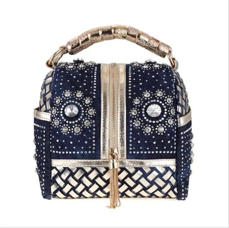 

XIAOYAN new style female bag cowboys weaving diamond round barrel tassel fashion shoulder slanting small personality handbag