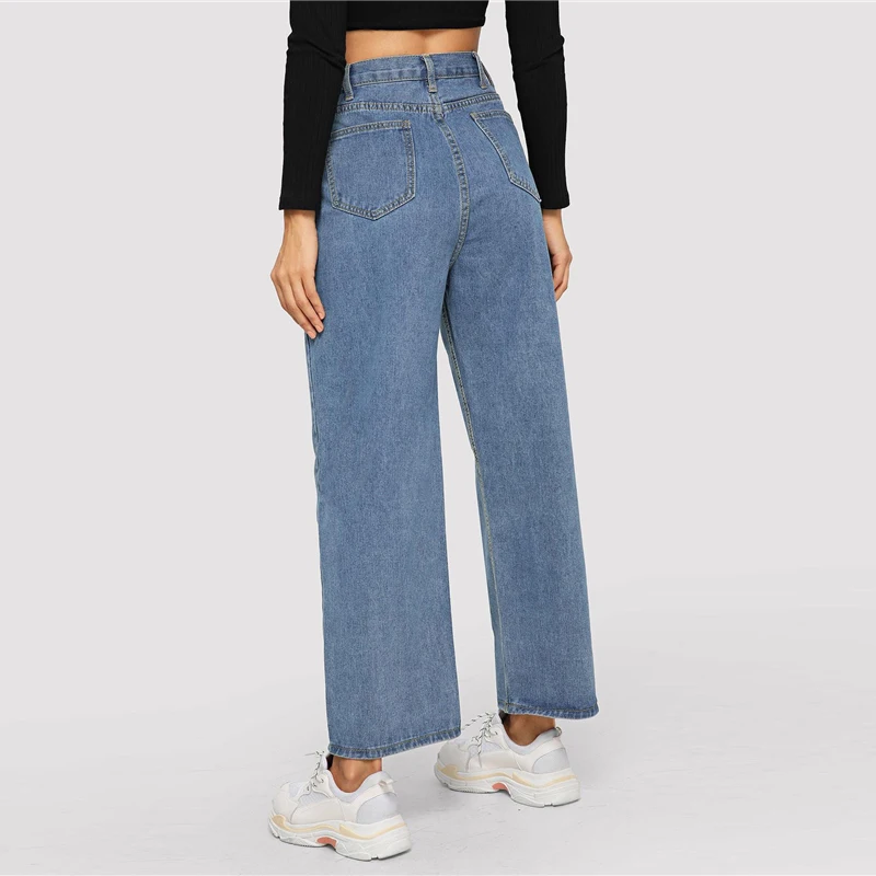 Dotfashion, синие широкие джинсы с пуговицами для женщин, осень, повседневные брюки для женщин, Корейская уличная мода, свободные штаны с высокой талией