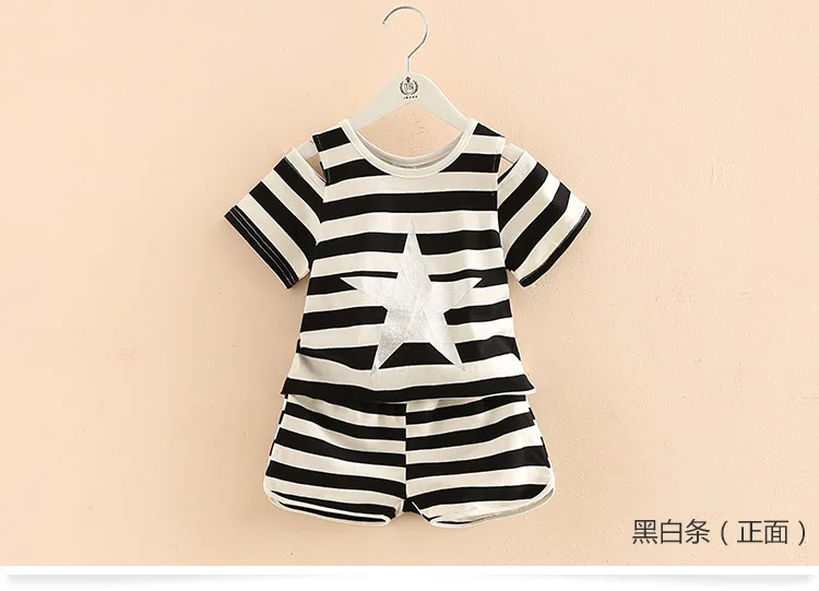 Girls Clothing Set 2018 Summer 2-10 Years Old Kids Girl Star Strip Print Wrap Shoulder T Shirt+Shorts Sports 2 Pcs Tracksuit Set (10)