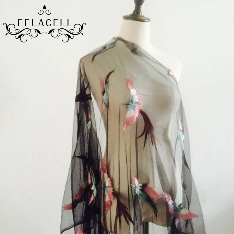 

New European Heavy Lace Fabric Dress Mesh Gauze Birds Embroidered Fabrics Clothes Accessories