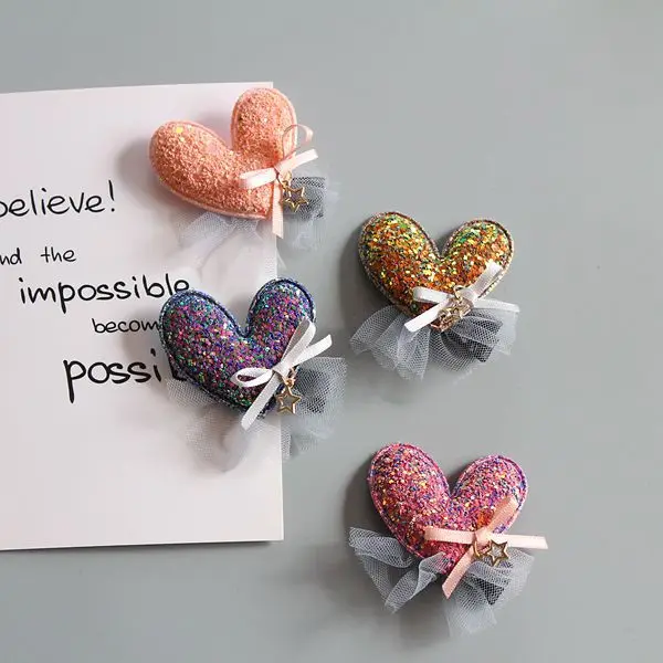 

Изысканные модные милые блестящие милые однотонные заколки с сердцем и бантом, кружевные заколки для волос, аксессуары для волос принцессы