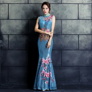 chinese traditional cheongsam wedding fishtail sequin dress plus size qipao red long mermaid sleeveless modern blue  for women