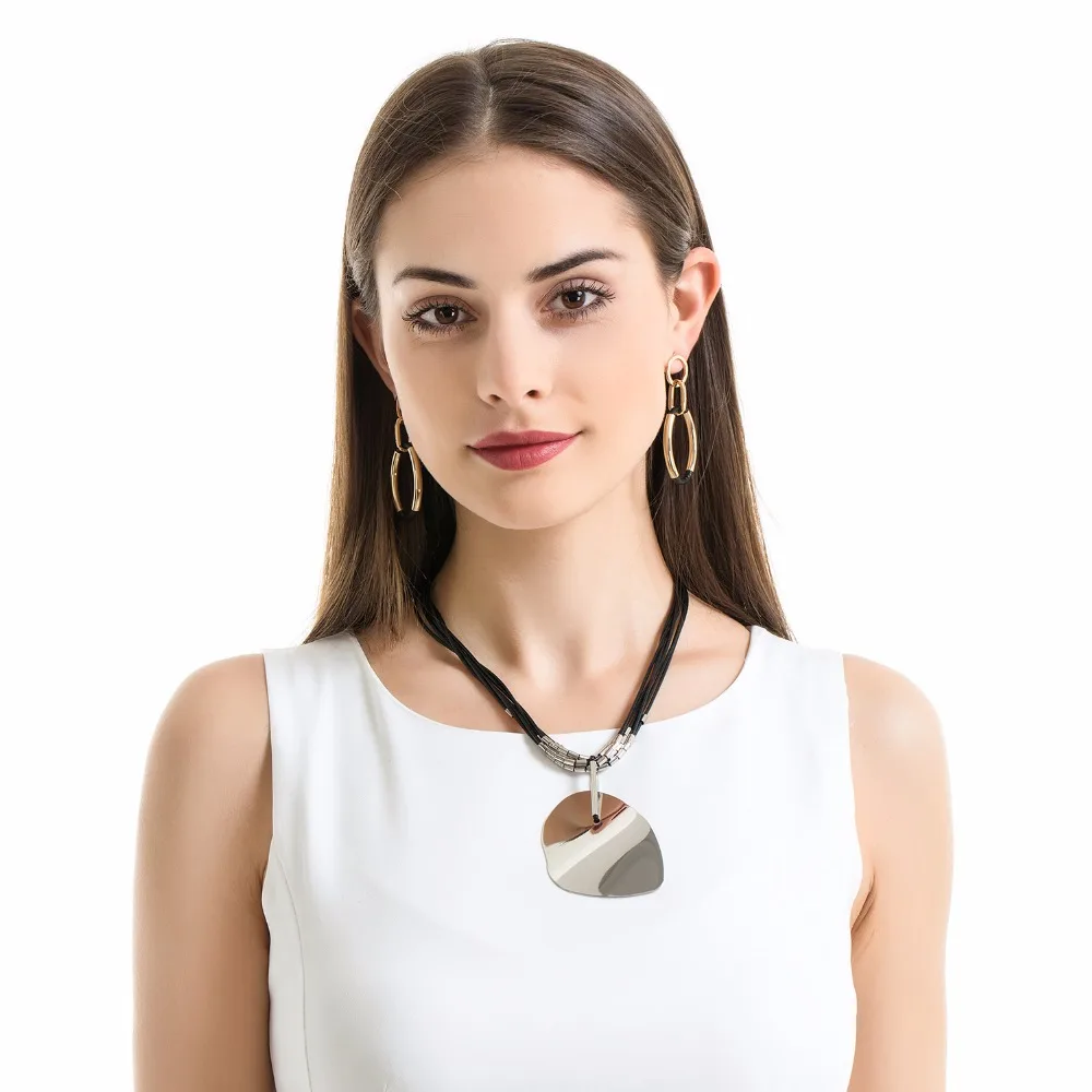 Handmade Copper Geometric Pendant Necklaces Women Black Wax Rope