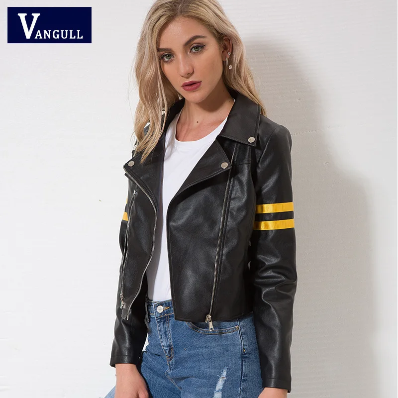 

Vangull Leather jacket 2018 Spring New Women zipper moto Cool street wear Autumn winter coat Female Black Faux leather jackets