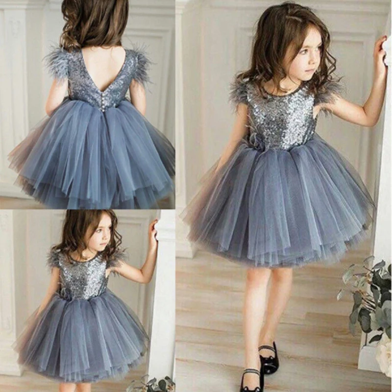 

Toddler Baby Girl Princess Kid clothes round neck sleeveless Tassel Tulle Polyester backless Sequin Party Mini Dresses one piece