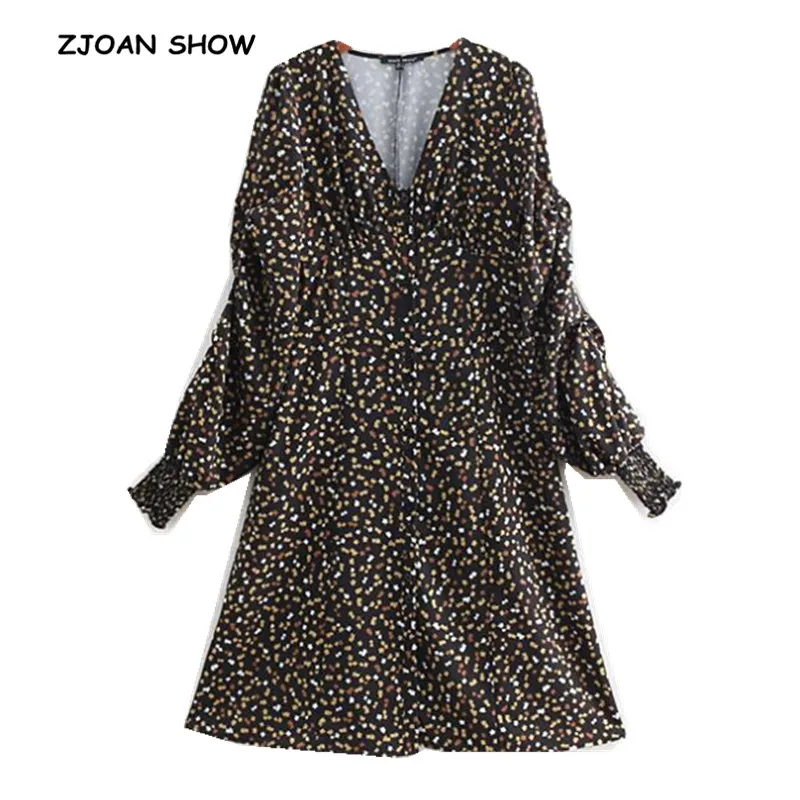 

2019 Spring French V neck Four-leaf clover Print Single breasted Dress Women Long Sleeve Dresses Button Vestidos Korean Clothes