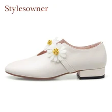 Stylesowner/милые женские туфли mary janes с украшением в виде цветов; обувь из натуральной кожи с круглым носком; универсальные весенние туфли для девочек на плоской подошве
