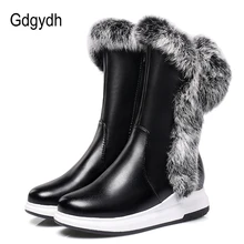 Gdgydh botas de nieve de piel de Animal para mujer tacones planos 2019 nuevos zapatos de algodón de Invierno para mujer con cremallera negro blanco grueso de felpa punta redonda(China)