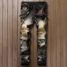 40 42 Men Jeans Pants 2017 Spring and Summer New European and American Personality Slim Retro Embroidery Holes Denim Trousers