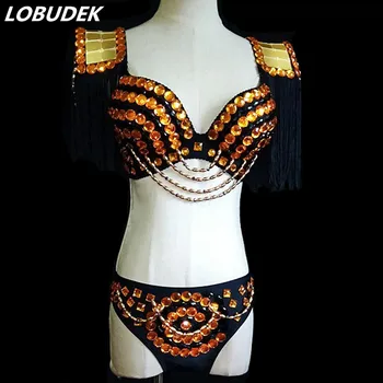 

Sparkly Glass Diamond Mirrors Bikini DJ Women Singer Nightclub Costume Rhinestones Tassels Bra Shorts Pole Dancing Stage Outfit
