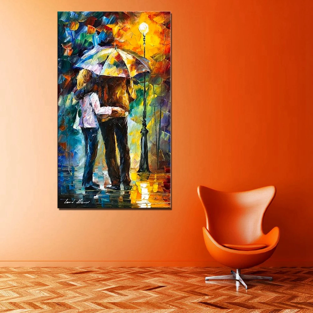 

Hallway Wall Art Handpainted Knife Oil Canvas Painting Couple Hugging Umbrella Under Rainy for Home Decor Drop Shipping