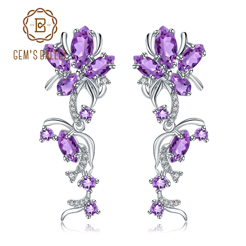 

GEM'S BALLET 7.28Ct Natural Amethyst Gemstone Earrings 925 Sterling Silver Vintage Flower Drop Earrings Fine Jewelry for Women