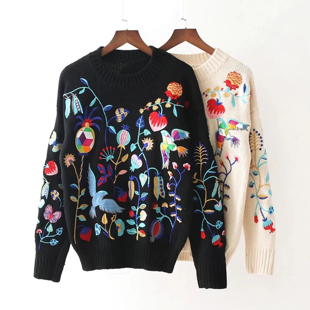 Women Knit Embroidery Flower Sweater Bird Pattern Winter Black White