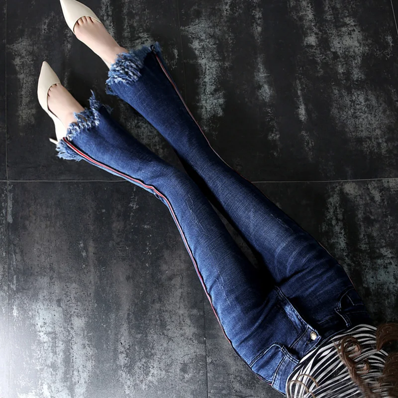 Джинсы для женщин размера плюс 26-32! с высокой талией, с кисточками по бокам, в полоску, узкие, до щиколотки, расклешенные джинсы