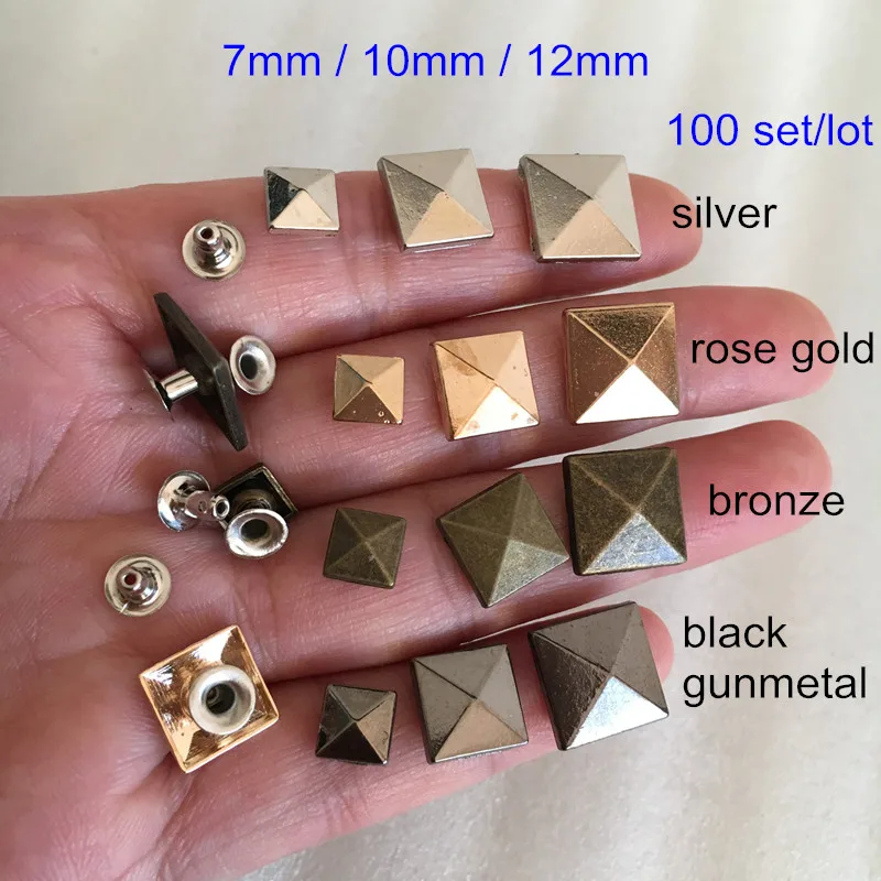 

7mm,10mm,12mm,15mm Pyramid Square Rapid Rivet Stud,Rose Gold,Silver,Black Gunmetal,Bronze,Punk Rock Leathercraft Rivet -100 set