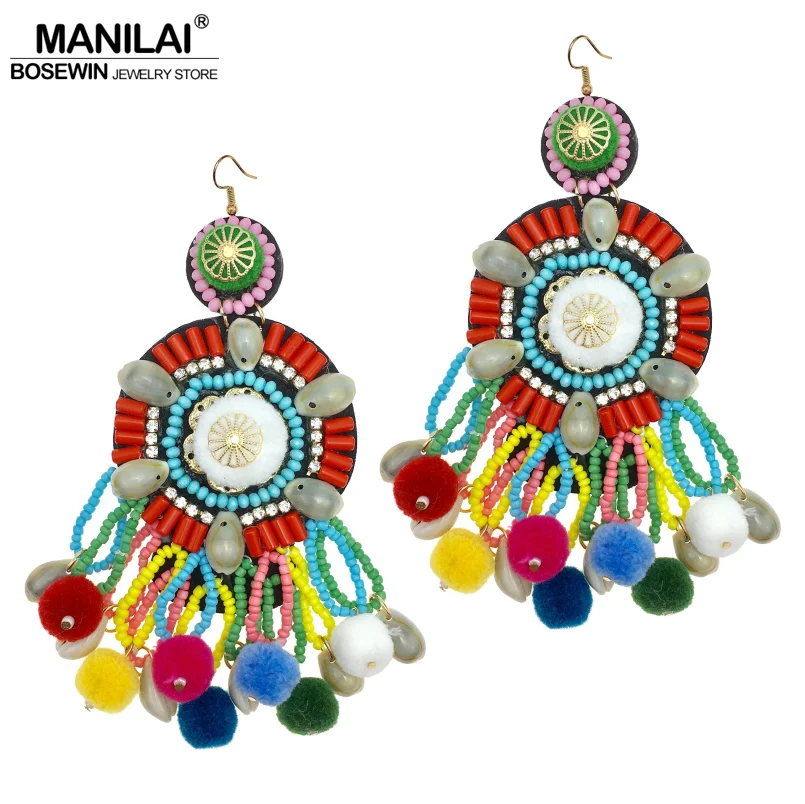 MANILAI Multicolor Pom Pom Beaded Tassel Earrings Boho Jewelry Ethnic Statement Dangle Drop Earrings With Shell Big Pendientes
