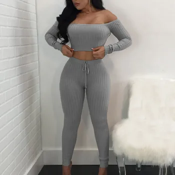 

Solid Slash Neck Long Sleeve Two Piece Set Drawstring Off Shoulder Women Tracksuit Bodycon Long Pants Women Suits