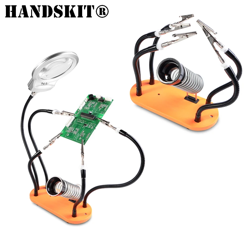 

Third Hand Soldering Stand, Welding Tool LED Magnifier 5 Flexible Metal Arms, PCB circuit board soldering iron holder with clamp