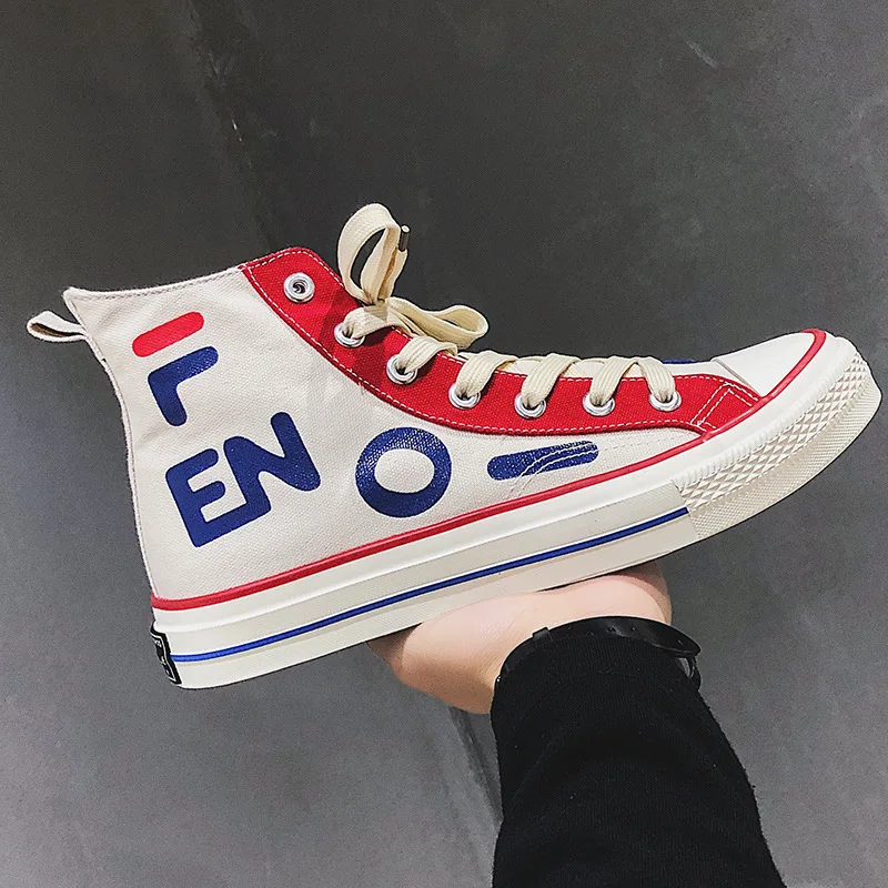 

New Men High Top Canvas Shoes Casual Sneakers Retro Stylish Mix Color Skate Footwear with Letter Print Student Anti-skid Design
