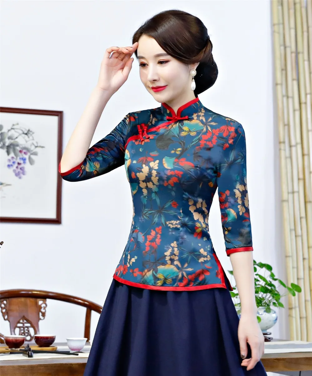 Шанхай история Китайский традиционный Топ цветочный Cheongsam топы короткий рукав китайский Топ для женщин китайская блузка Qipao рубашка