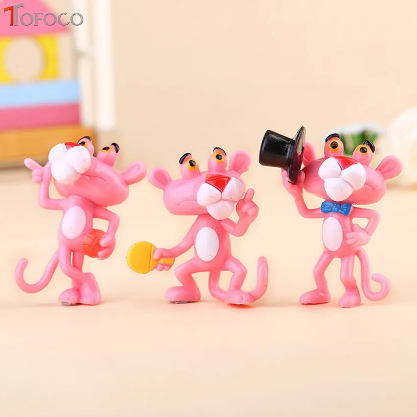 TOFOCO 6pcs/set Mini Pink Panther Action Figure Toys Cute Cartoon 4.5Cm PVC Animals Model Collection Toys For Children Gift