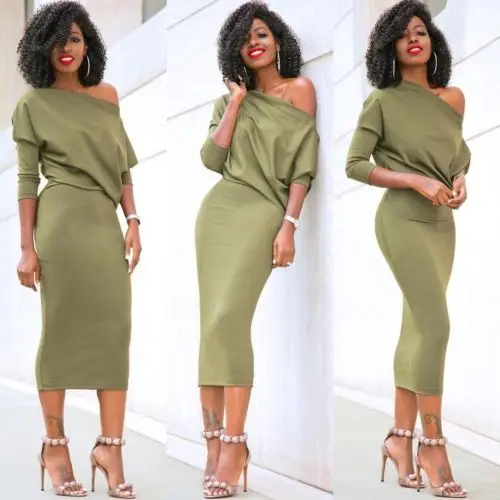 

Sexy Women's Casual Off Shoulder Bandage Long Sleeves Evening Party Long Dress