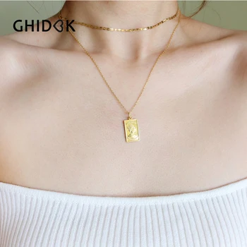 

GHIDBK Vinatge Gold Color Queen Elizabeth Pendant Necklace Simple Metal Brass Layering Chokers Geometric Square Necklaces Gifts