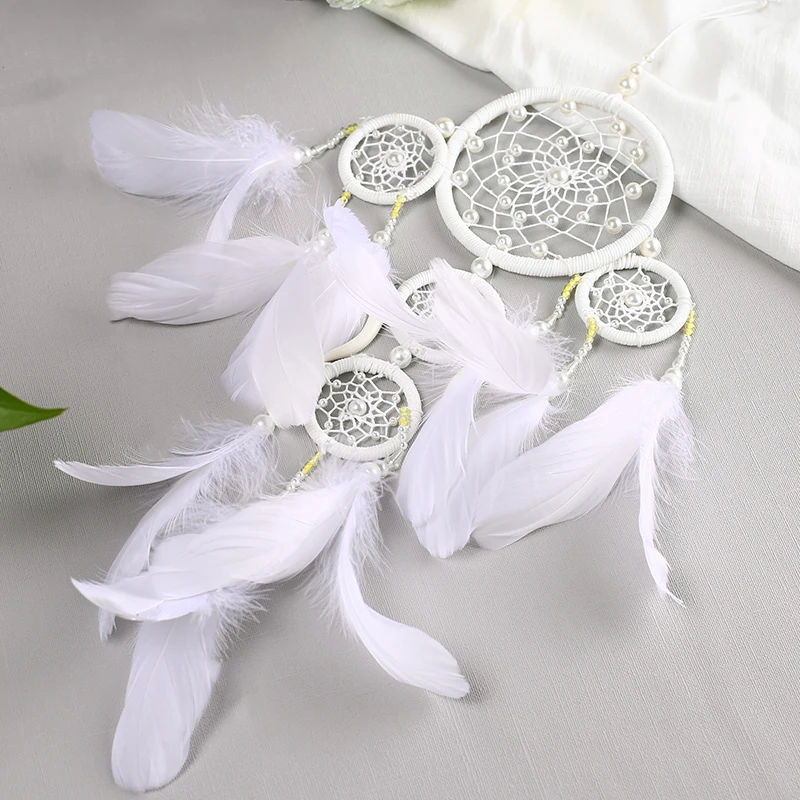 

Five-ring Handmade Dreamcatcher Feathers Craft White Dream Catcher Home Decor Gift Baby Room Wall Hanging Decoration 1pc