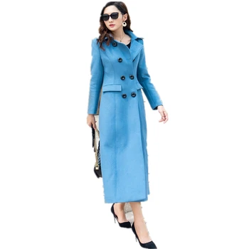 

Double Breasted Wool Coat Women Long Sleeve Blue Blends Outwear 2019 Autumn Winter Clothes Elegant Overcoat Lady Long Coats