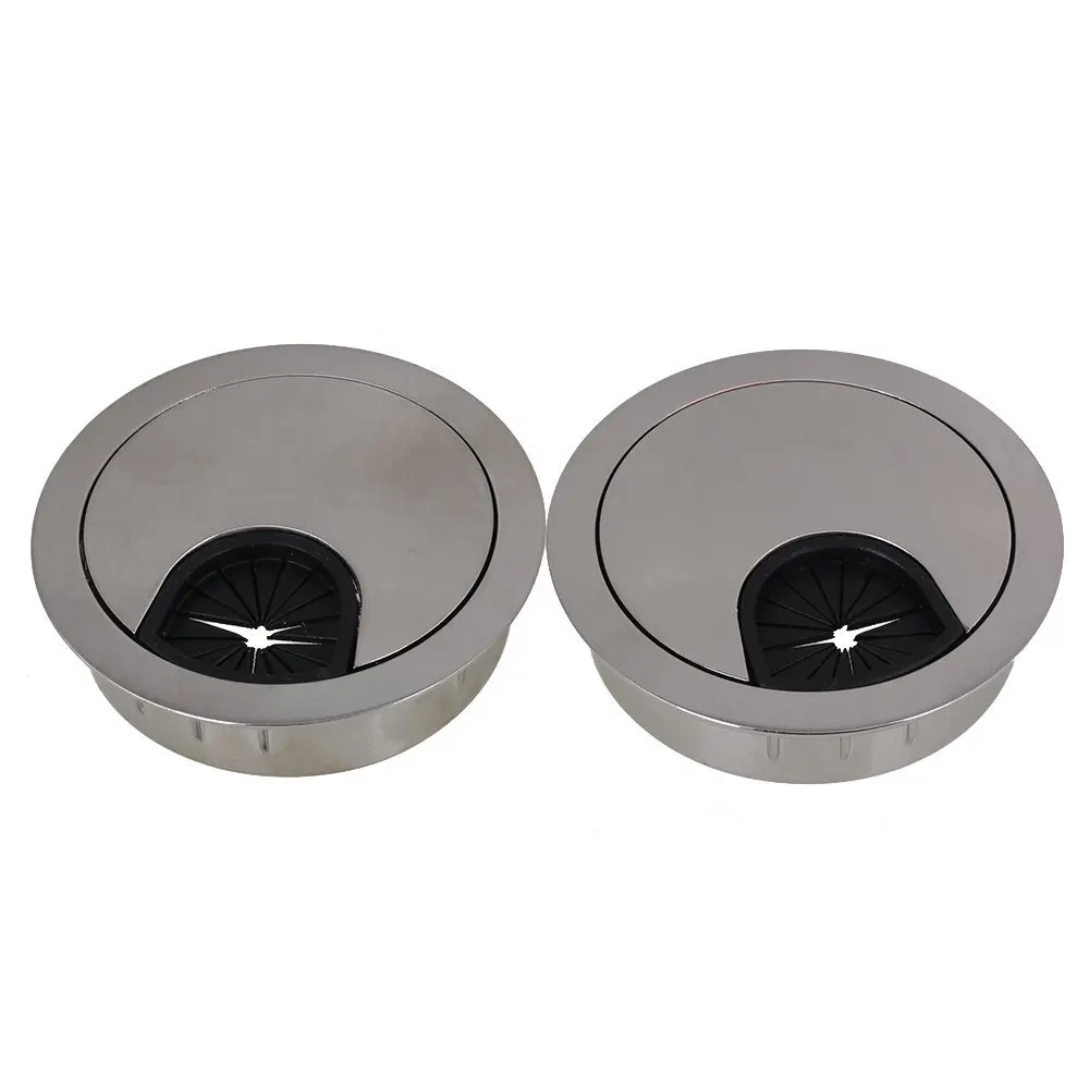 50mm 실버 아연 합금 헤어라인 마감 컴퓨터 케이블 깔끔한 와이어 구멍 커버 다기능 책상 그로밋 2 개 팩