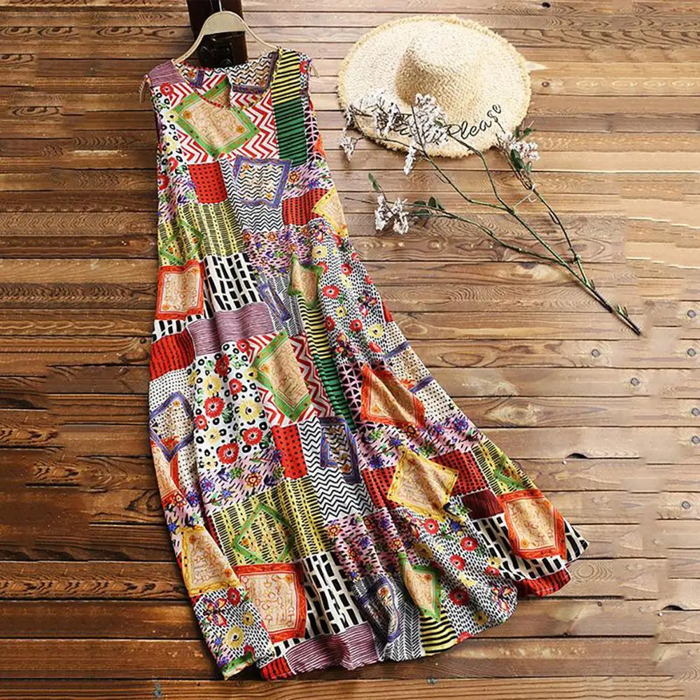 

Summer Dress 2019 Fashion Loose Boho Ethnic Sleeveless Geometric Pattern Print Long Dress Plus Size Women Vestidos